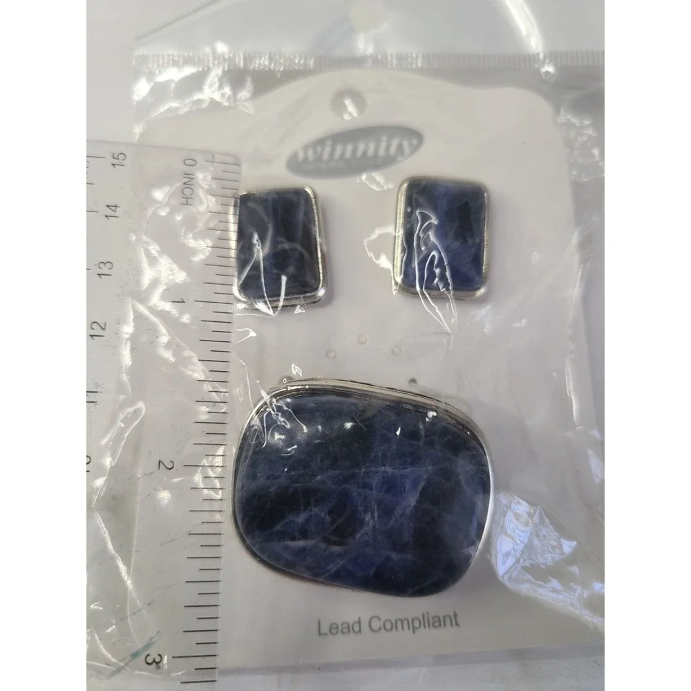 Blue Stone Silvertone Clip-On Earrings & Brooch Set By Winmitty